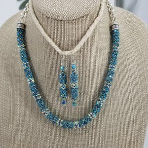 Turquoise Swarovski Crystal Netted Necklace With Matching Earrings Set